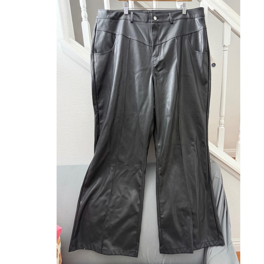 PrettyLittleThing Plus Black Faux Leather Wide Leg‎ Trousers US 18 NEW